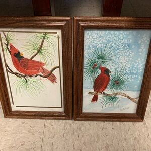 Vintage Handpainted Water Color Painting Bird Cardinal 2 Pcs Framed Signed